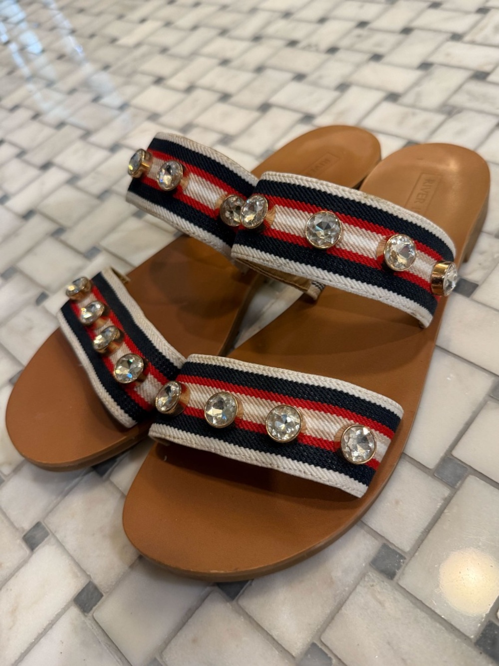 River Island Jeweled Striped Slide Sandals UK 6 / US 8 Rhinestone Embellished - Picture 4 of 6
